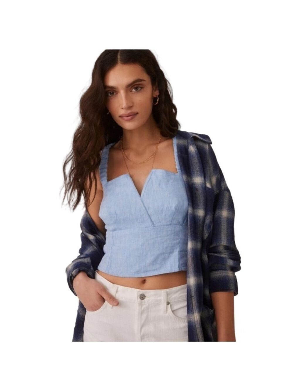 ANTHROPOLOGIE Linen Utility Corset Crop Top chambray blue size S